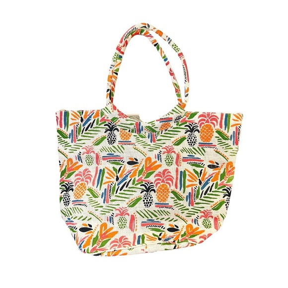 Blujute Handbags - Blujute NWT Jute Beach Tote 20”x15” Large Tote Bag Pineapple Print